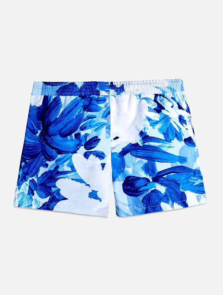 "Back view of Charlie blue abstract kids swim shorts with adjustable waistband and drawstring."