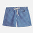 "Front view of Charlie blue mirage kids swim shorts, showcasing adjustable drawstring, Moeva patch, and side pockets."