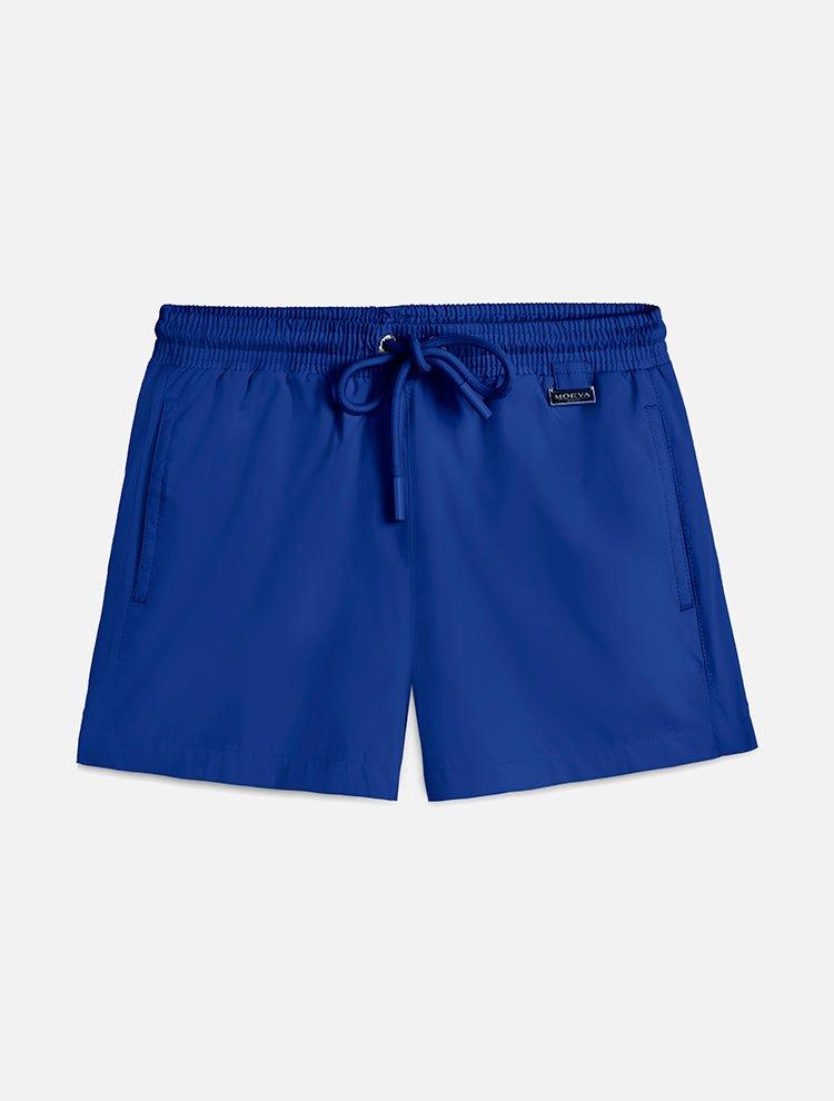 "Front view of Charlie Dark Blue Kids Swim Shorts, showing the elastic waistband and adjustable drawstring."