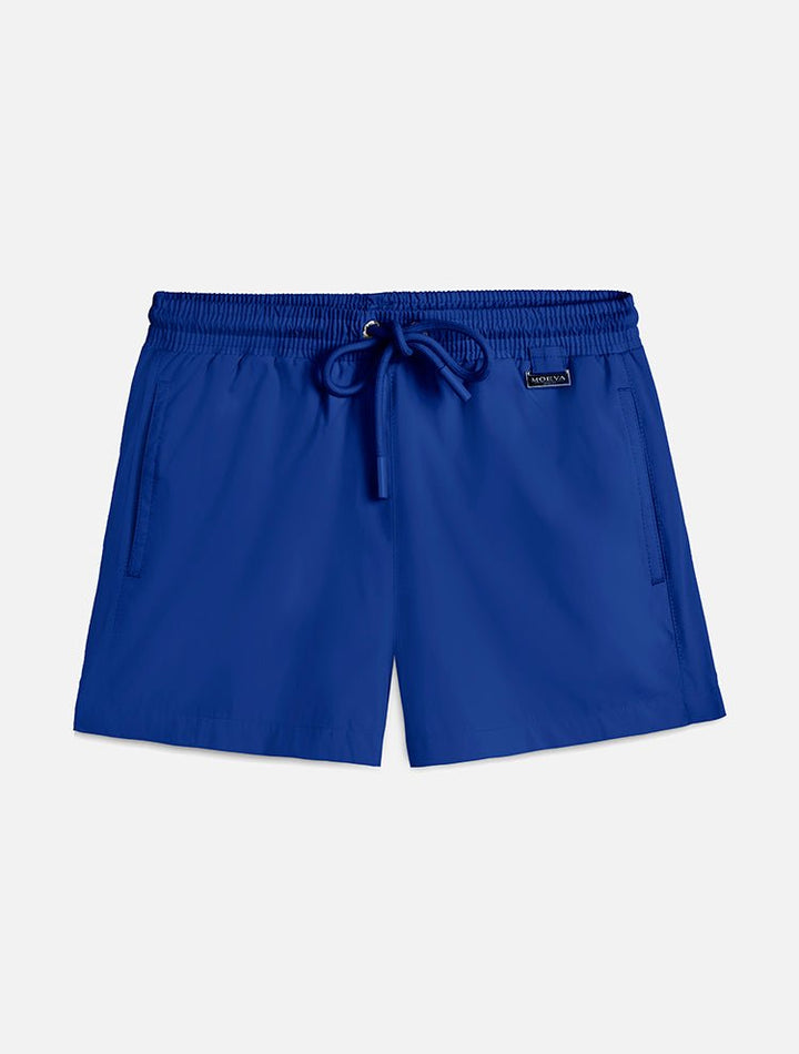 Front View: Charlie Dark Blue Kids Shorts - Close Fitting, Lightweight Fabric, Pockets at the Front, Elasticated Waistband, Drawstring, Quick Dry, MOEVA Luxury Swimwear 