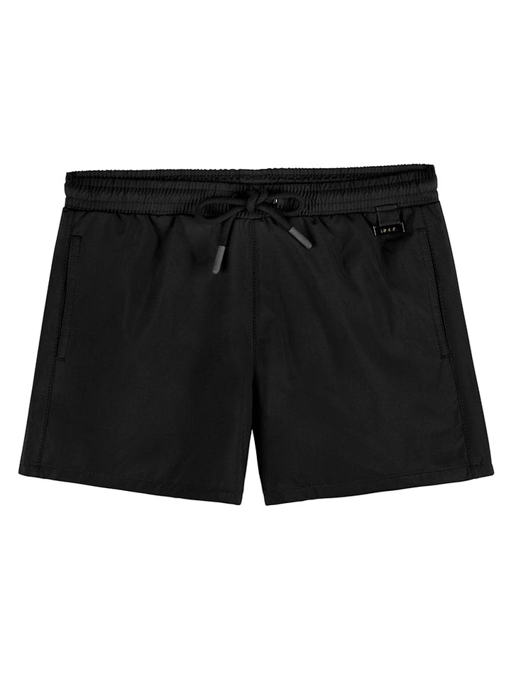 Front View of Charlie Kids Black Shorts - MOEVA Luxury Swimwear, Close Fitting, Lightweight Fabric, Pockets at the Front, Elasticated Waistband, Drawstring, Quick Dry Kids Shorts, MOEVA Luxury  Swimwear