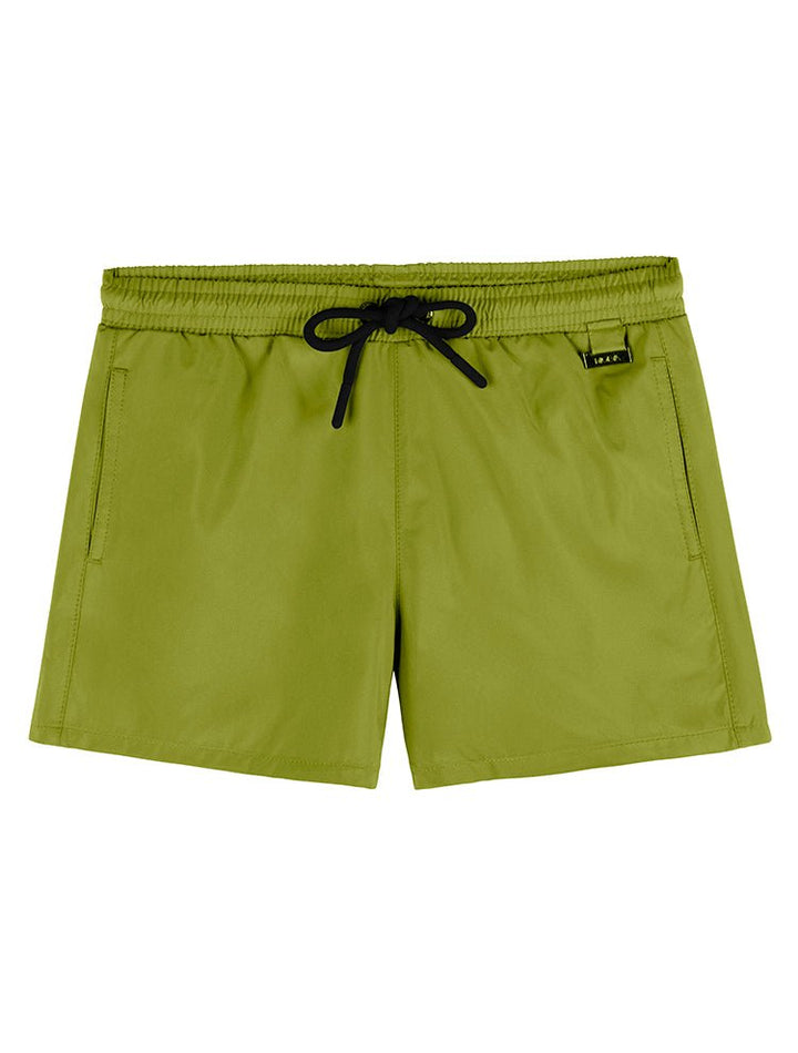 Front View of Charlie Kids Olive Green Shorts - MOEVA Luxury Swimwear, Close Fitting, Lightweight Fabric, Pockets at the Front, Elasticated Waistband, Drawstring, Quick Dry Kids Shorts, MOEVA Luxury  Swimwear