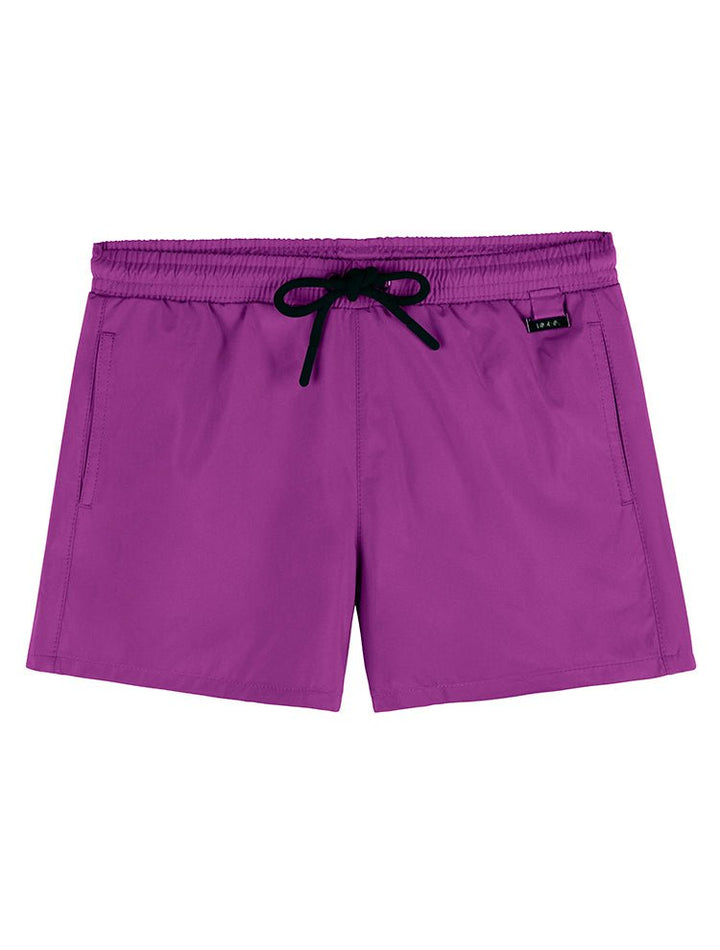 Front View of Charlie Kids Purple Shorts - MOEVA Luxury Swimwear, Close Fitting, Lightweight Fabric, Pockets at the Front, Elasticated Waistband, Drawstring, Quick Dry Kids Shorts, MOEVA Luxury  Swimwear