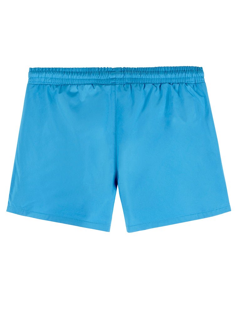Back View of Charlie Kids Teal Shorts  - Nikel, Mid Length Kids Swim Shorts, Fully Lined, MOEVA Luxury  Swimwear