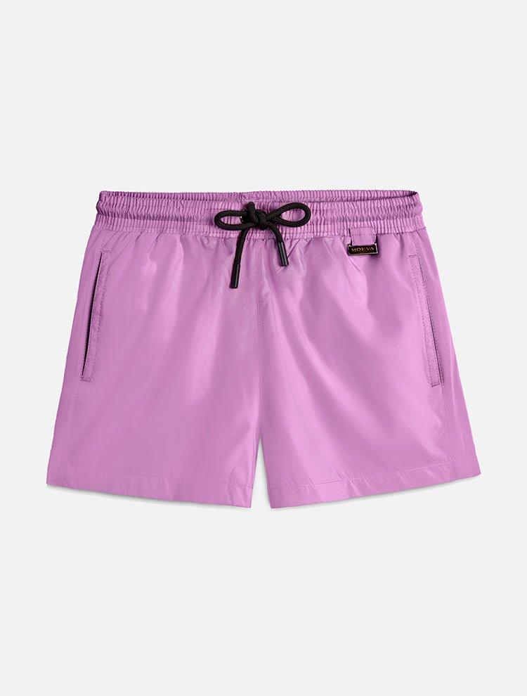 "Front view of the Charlie Lilac Kids Swim Shorts, showcasing the elastic waistband with adjustable drawstring and the Moeva patch."