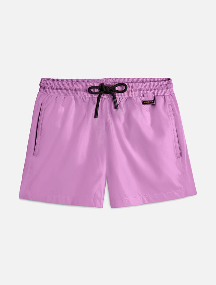 Front View: Charlie Lilac Kids Shorts - Close Fitting, Lightweight Fabric, Pockets at the Front, Elasticated Waistband, Drawstring, Quick Dry, MOEVA Luxury Swimwear 