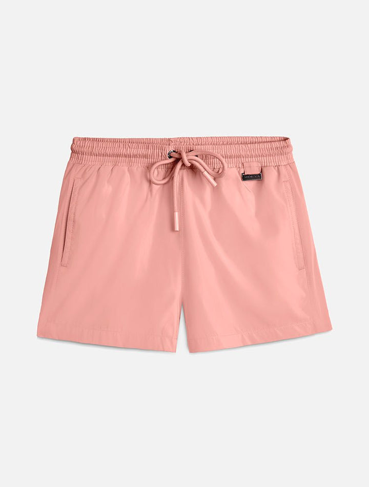 Front View: Charlie Old Rose Kids Shorts - Close Fitting, Lightweight Fabric, Pockets at the Front, Elasticated Waistband, Drawstring, Quick Dry, MOEVA Luxury Swimwear 