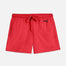 "Front view of Charlie Red Kids Swim Shorts, showcasing the elastic waistband with adjustable drawstring and the Moeva patch."