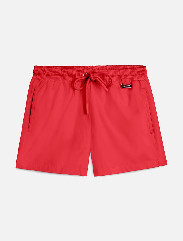 Front View: Charlie Red Kids Shorts - Close Fitting, Lightweight Fabric, Pockets at the Front, Elasticated Waistband, Drawstring, Quick Dry, MOEVA Luxury Swimwear 