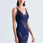 "Front View: “Model wearing Cher Navy Blue Dress featuring a figure-hugging design with slim straps and scoop neckline. "