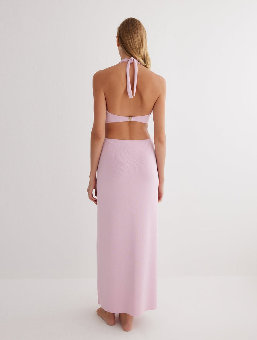 Back View: Model in Clemence Pink Dress - MOEVA Luxury Swimwear, Ready to Wear, Unlined, Chic, Knitted, Maxi Dress, MOEVA Luxury Swimwear 