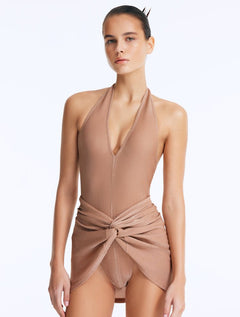 Front View: Model Showcasing Clementine Bronze Swimsuit - Halter Neck, Removable Padding, Chic Style, Perfect for Women, Fully Lined, MOEVA Luxury Swimwear