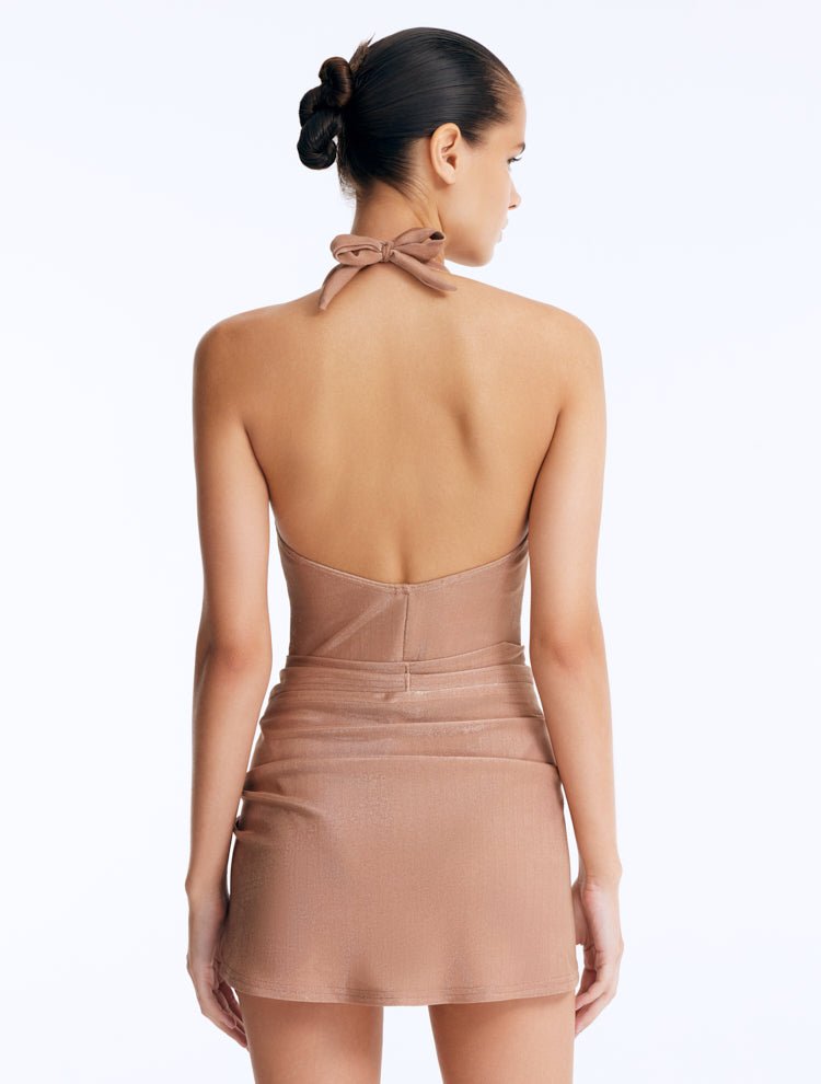 Back View: Clementine Bronze Swimsuit on Model - Chic and Stylish Swimsuit, High-Leg Cut, Italian Fabric, Tie Mini Skirt, One Piece, MOEVA Luxury Swimwear