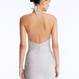 Back View: Clementine Silver Swimsuit on Model - Chic Style, High-Leg Cut, Tie-Front Mini Skirt Detail, Italian Fabric, MOEVA Luxury Swimwear 