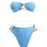 A detailed decoupage image of the Clyde Baby Blue Bikini Set, featuring the bandeau top with gold accents, ruched detailing, and self-tie back, along with the matching bikini bottom, capturing the essence of serene and stylish swimwear.