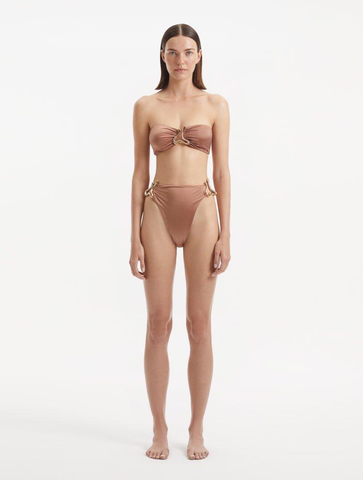 Front view of Clyde Brown Bikini Bottom, showcasing high-waist design and gold accents.