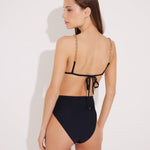 Back View: Model in Como Black Bikini Bottom - MOEVA Luxury Swimwear, Fully Lined, Italian Fabric, Special Lycra Xtralife Certificate,  MOEVA Luxury Swimwear  