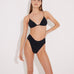 Front View: Model in Como Black Bikini Top - Removable Paddings, Lined, Italian Fabric, Triangle Top Bikini Top, Special Lycra Xtralife Certificate MOEVA Luxury Swimwear  