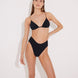 Front View: Model in Como Black Bikini Top - Removable Paddings, Lined, Italian Fabric, Triangle Top Bikini Top, Special Lycra Xtralife Certificate MOEVA Luxury Swimwear  