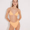 "Model wearing the Como Orange High-Waisted Bikini Bottom from the front, highlighting its high-leg cut, topstitching details, and full bottom coverage."