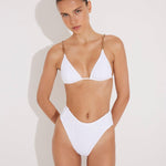 Front View: Model in Como White Bikini Set- Removable Paddings, Lined, Italian Fabric, Triangle Top Bikini Top, Special Lycra Xtralife Certificate MOEVA Luxury Swimwear  