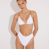 Front View: Model in Como White Bikini Set- Removable Paddings, Lined, Italian Fabric, Triangle Top Bikini Top, Special Lycra Xtralife Certificate MOEVA Luxury Swimwear  