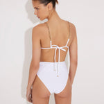 Back View: Model in Como White Bikini Set- MOEVA Luxury Swimwear, Ties at the Back, Lined, Italian Fabric, Accessorised, Soft Touch Fabric, MOEVA Luxury Swimwear   
