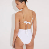 Back View: Model in Como White Bikini Set- MOEVA Luxury Swimwear, Ties at the Back, Lined, Italian Fabric, Accessorised, Soft Touch Fabric, MOEVA Luxury Swimwear   