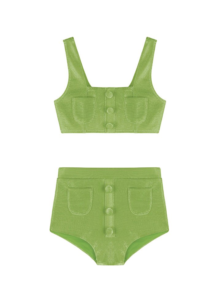 Front View of Daisy Green Kids Bikini - MOEVA Luxury Swimwear, Two Pieces, Square Neck, Fully Lined, MOEVA Luxury  Swimwear 