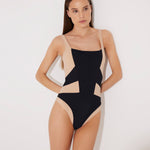 Front View: Model in Danila Black/Nude Swimsuit - MOEVA Luxury Swimwear, Removable Padding, Italian Fabric, Comfort and Sportive Swimsuit, Special Lycra Xtralife Certificate, Strapless One Piece Swimsuit, MOEVA Luxury Swimwear 