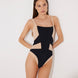 Front View: Model in Danila Black/Nude Swimsuit - MOEVA Luxury Swimwear, Removable Padding, Italian Fabric, Comfort and Sportive Swimsuit, Special Lycra Xtralife Certificate, Strapless One Piece Swimsuit, MOEVA Luxury Swimwear 