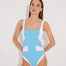 Front View: Model in Danila Blue/White Swimsuit - MOEVA Luxury Swimwear, Removable Padding, Italian Fabric, Comfort and Sportive Swimsuit, Special Lycra Xtralife Certificate, Strapless One Piece Swimsuit, MOEVA Luxury Swimwear 