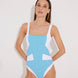 Front View: Model in Danila Blue/White Swimsuit - MOEVA Luxury Swimwear, Removable Padding, Italian Fabric, Comfort and Sportive Swimsuit, Special Lycra Xtralife Certificate, Strapless One Piece Swimsuit, MOEVA Luxury Swimwear 