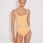 Front View: Model in Danila Orange/Nude Swimsuit - MOEVA Luxury Swimwear, Removable Padding, Italian Fabric, Comfort and Sportive Swimsuit, Special Lycra Xtralife Certificate, Strapless One Piece Swimsuit, MOEVA Luxury Swimwear 
