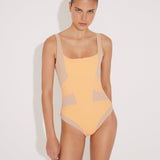 Front View: Model in Danila Orange/Nude Swimsuit - MOEVA Luxury Swimwear, Removable Padding, Italian Fabric, Comfort and Sportive Swimsuit, Special Lycra Xtralife Certificate, Strapless One Piece Swimsuit, MOEVA Luxury Swimwear 