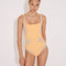 Front View: Model in Danila Orange/Nude Swimsuit - MOEVA Luxury Swimwear, Removable Padding, Italian Fabric, Comfort and Sportive Swimsuit, Special Lycra Xtralife Certificate, Strapless One Piece Swimsuit, MOEVA Luxury Swimwear 