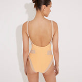Back View: Model in Danila Orange/Nude Swimsuit - MOEVA Luxury Swimwear, Square Neck, Body Contour With Geometric Color Paneling, Low Back, Duo Colored, Fully Lined One Piece Swimsuit, MOEVA Luxury Swimwear 