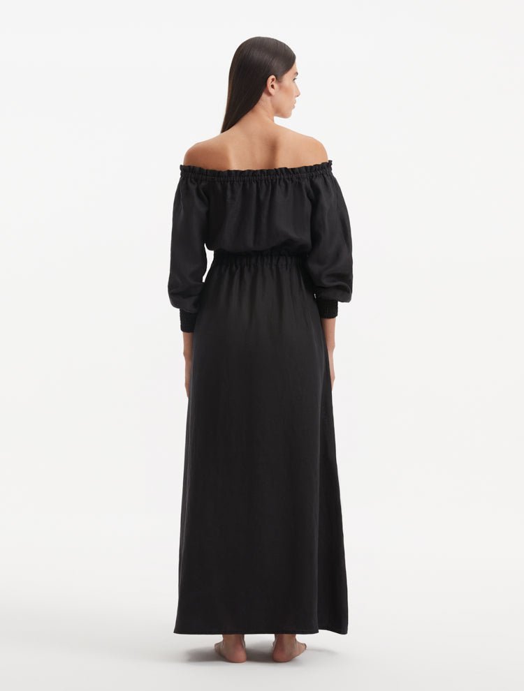 "Back view of the Dante Black Dress, displaying the elegant flow and ankle-length silhouette."