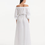 "Back view of the Dante White Dress, emphasizing the elegant flow and ankle-length cut."