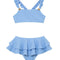 Model wearing the Dassy Baby Blue Kids Bikini Set, highlighting the square neck design and ruffle details on the top.