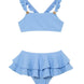 Model wearing the Dassy Baby Blue Kids Bikini Set, highlighting the square neck design and ruffle details on the top.