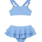 Model wearing the Dassy Baby Blue Kids Bikini Set, highlighting the square neck design and ruffle details on the top.