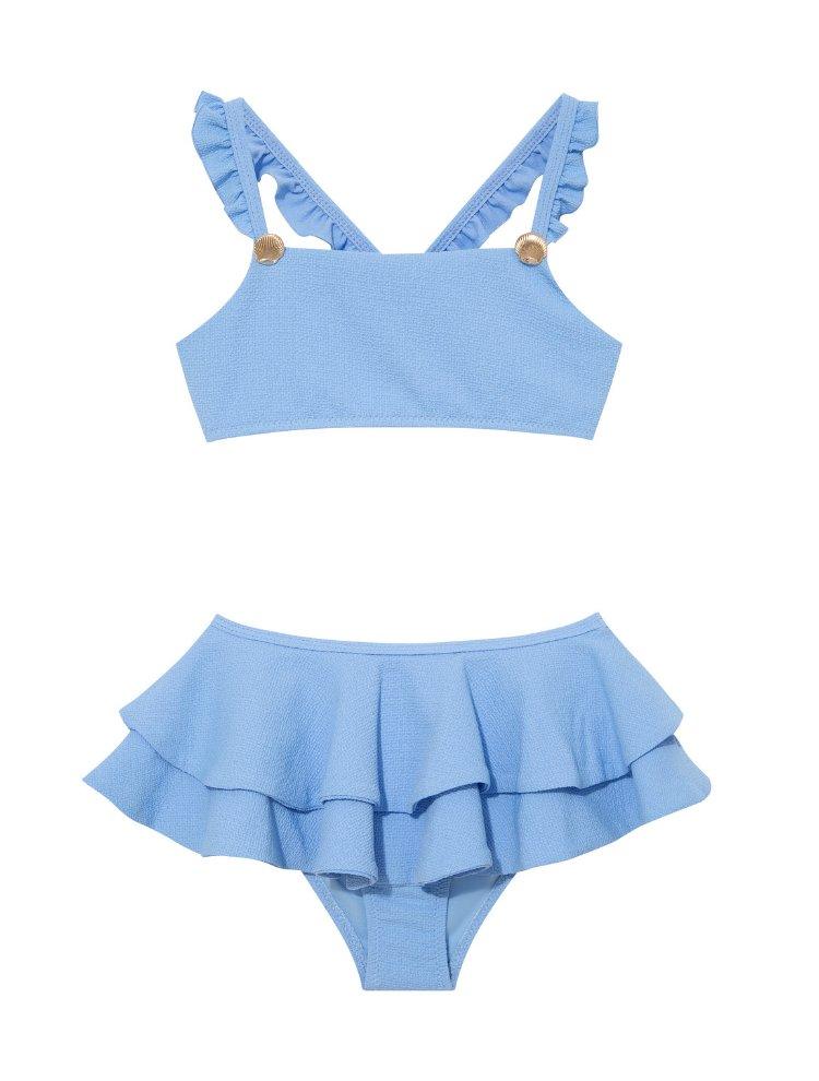 Model wearing the Dassy Baby Blue Kids Bikini Set, highlighting the square neck design and ruffle details on the top.