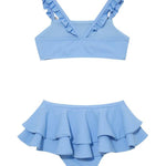 "Back view of the Dassy baby blue kids bikini set, highlighting the secure fit and full coverage of the bikini bottoms."