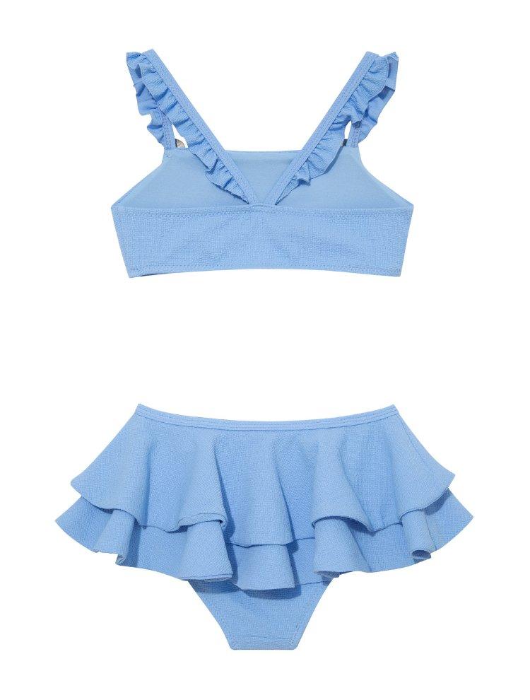 "Back view of the Dassy baby blue kids bikini set, highlighting the secure fit and full coverage of the bikini bottoms."