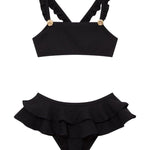 "Front view of the Dassy yellow kids bikini set showcasing the square neck top with ruffle details and full-coverage bottoms."