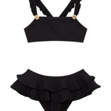 "Front view of the Dassy yellow kids bikini set showcasing the square neck top with ruffle details and full-coverage bottoms."