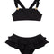 "Front view of the Dassy yellow kids bikini set showcasing the square neck top with ruffle details and full-coverage bottoms."