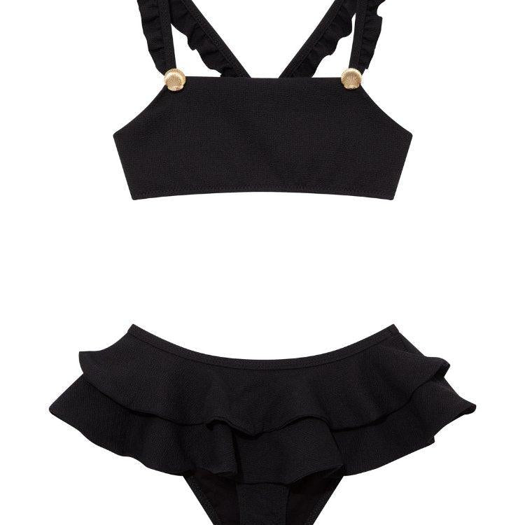 Dassy Black Ruffle Strap Kids Bikini Set with Layered Skirt | Moeva | Bikini Set | Each week unveils new pieces—luxury swimwear, fluid resort silhouettes, and elevated summer-to-evening essentials designed to carry you from coastal escapes to city nights.
