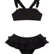 "Front view of the Dassy yellow kids bikini set showcasing the square neck top with ruffle details and full-coverage bottoms."